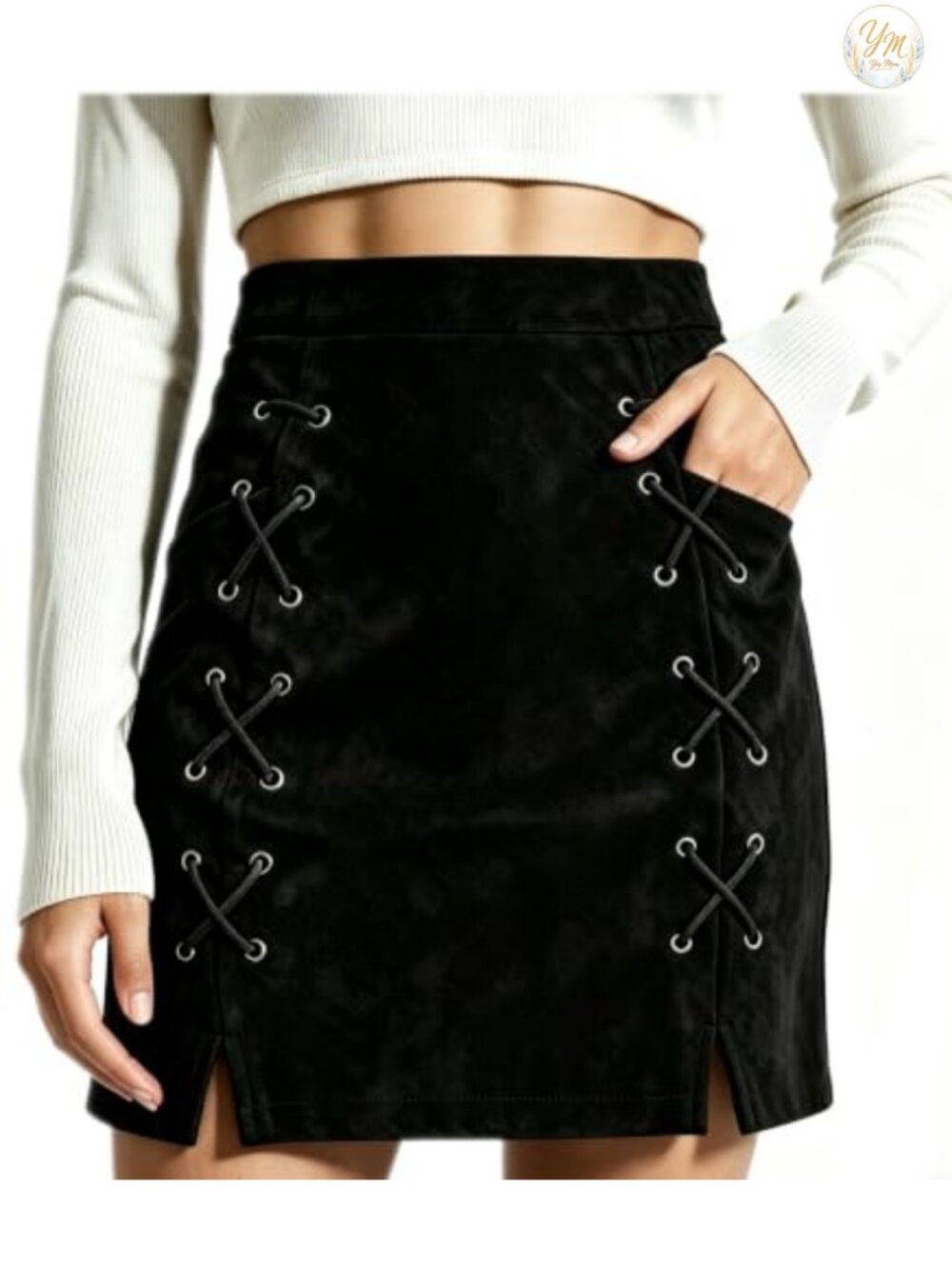 Classic High Waist Faux Suede Lace Up Side Slit Bodycon Mini Skirt